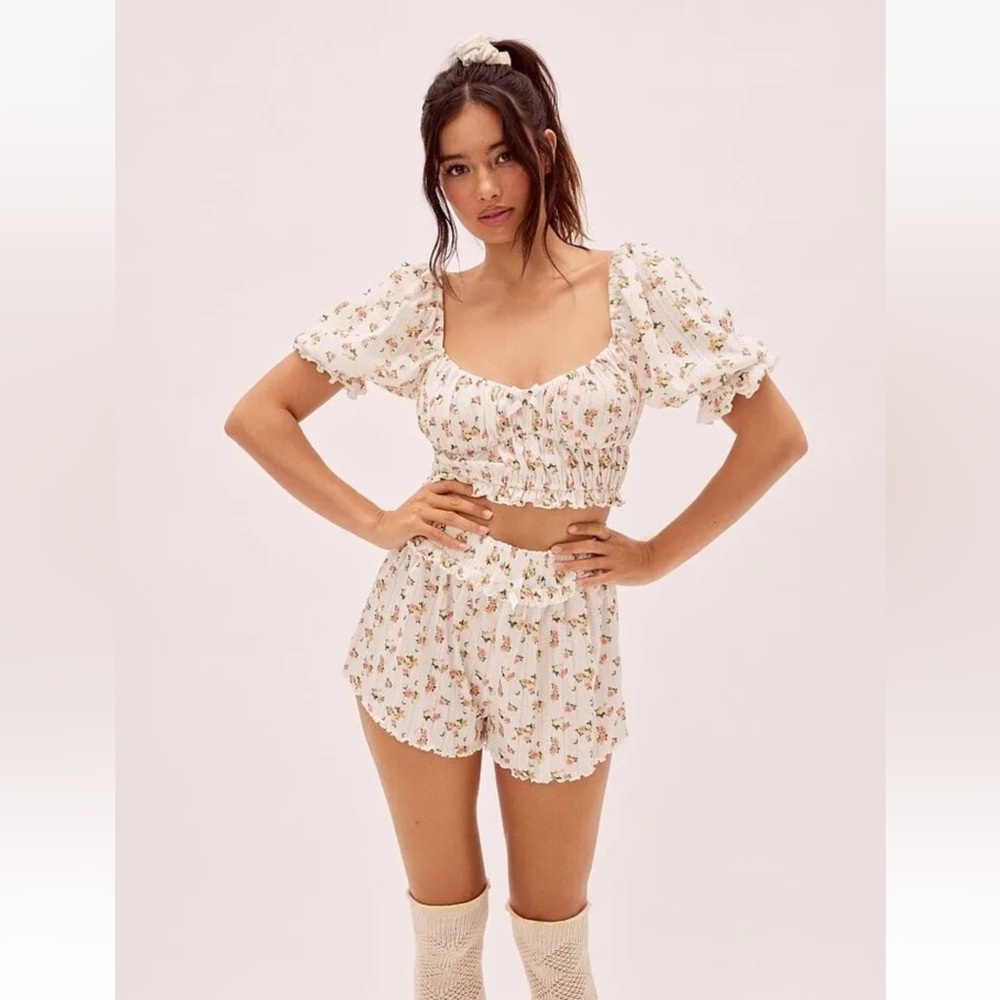 For Love And Lemons Lola Pointelle Shorts and crop SET White Floral SM S RARE
